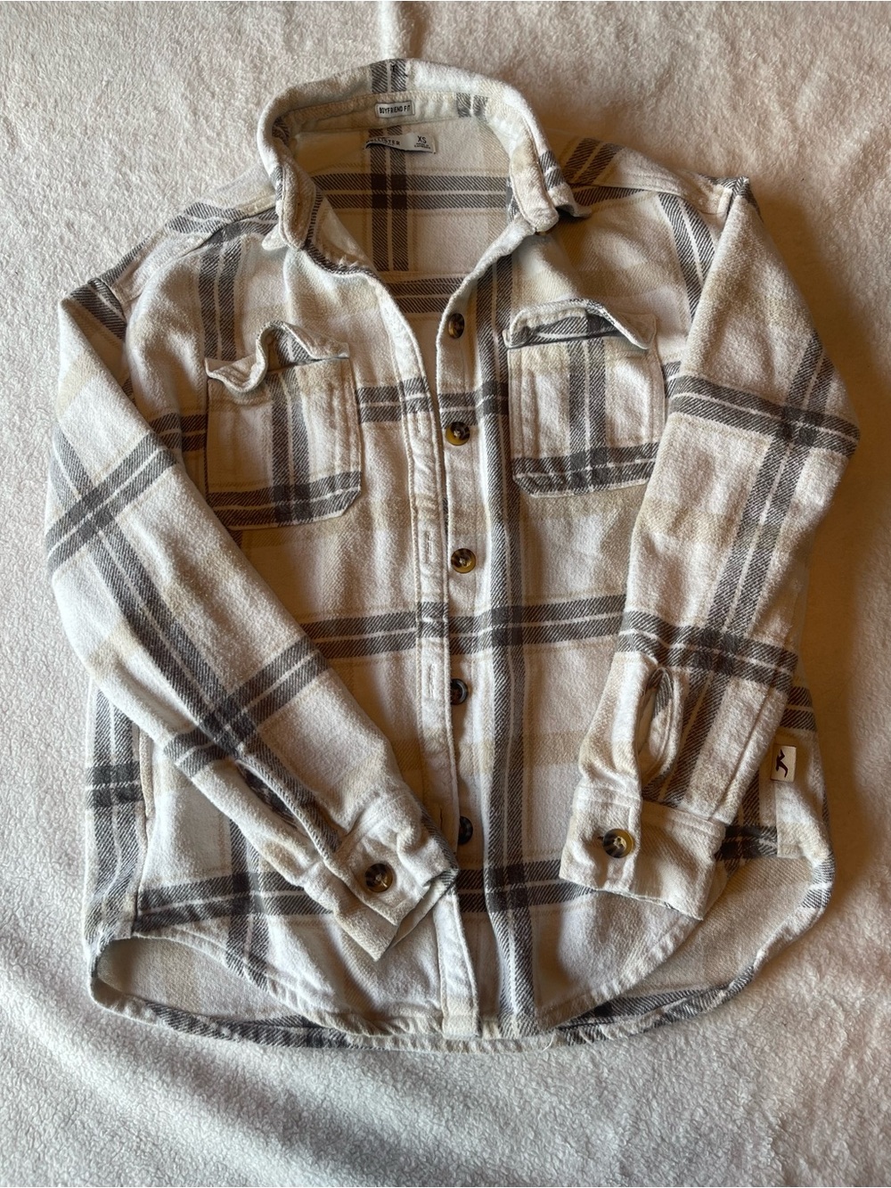Hollister Cream and Gray Plaid Flannel Button-Down